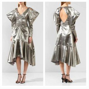 Rejina Pyo | Camille Midi Dress in Silver Lame, Metallic Ruched Open Back Sz. 10